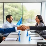 Home 21 무역협상가가 알아야 할 비즈니스 영어 표현 - A professional international business meeting scene in a modern office with diverse participants of ...