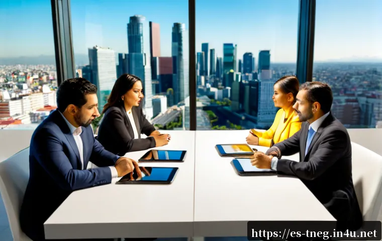 무역협상과 디지털 기술 활용 사례 - Photorealistic international trade negotiation in a bright modern Mexico City conference room, Spani...