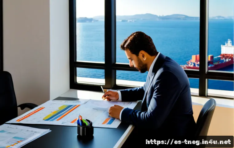 무역협상가를 위한 최신 무역 규제 정보 - Photorealistic trade negotiator in a modern Madrid office, reviewing colorful blank shipping-route c...